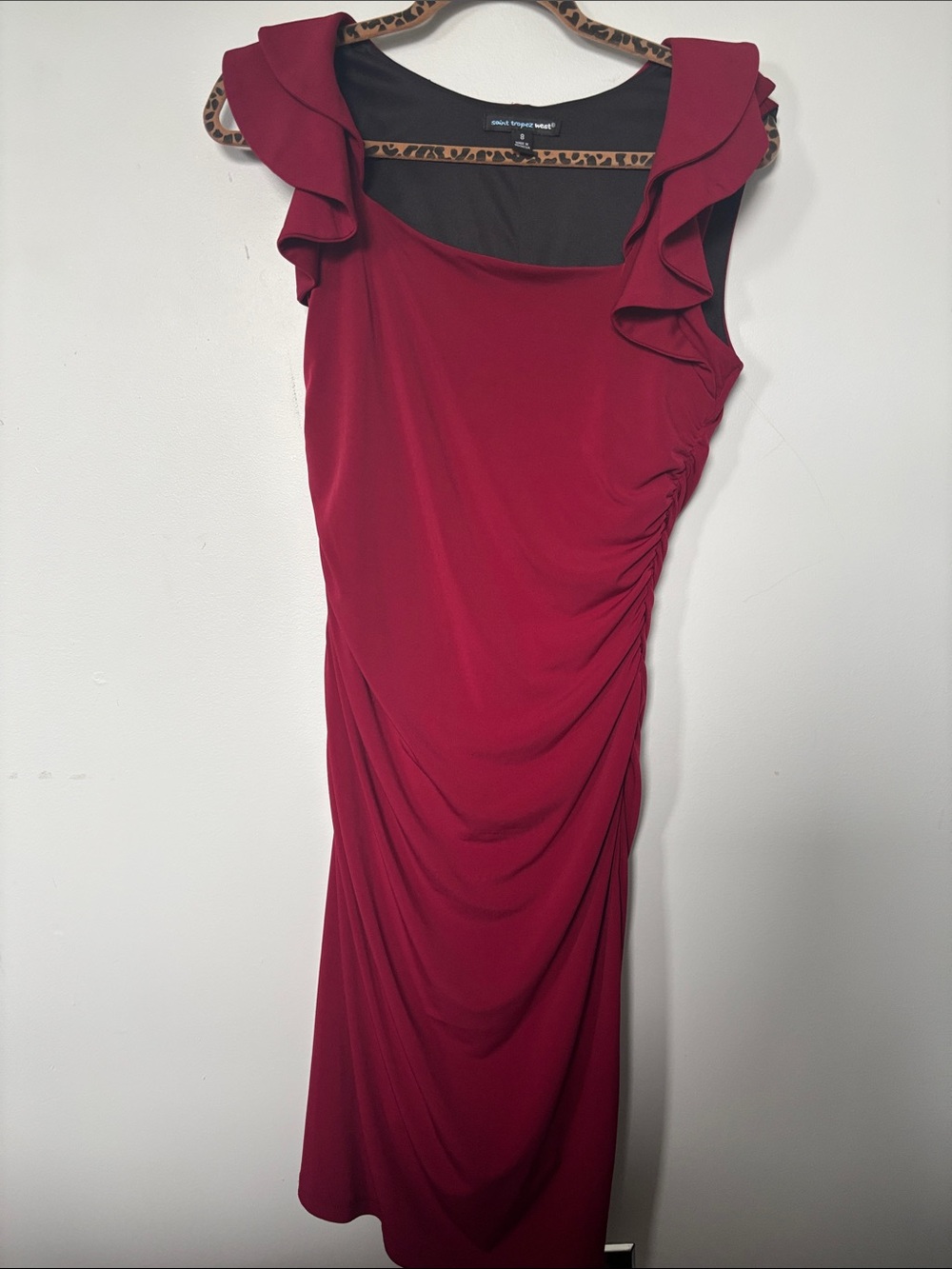 Ruffle-Sleeve Midi Dress in Deep Red